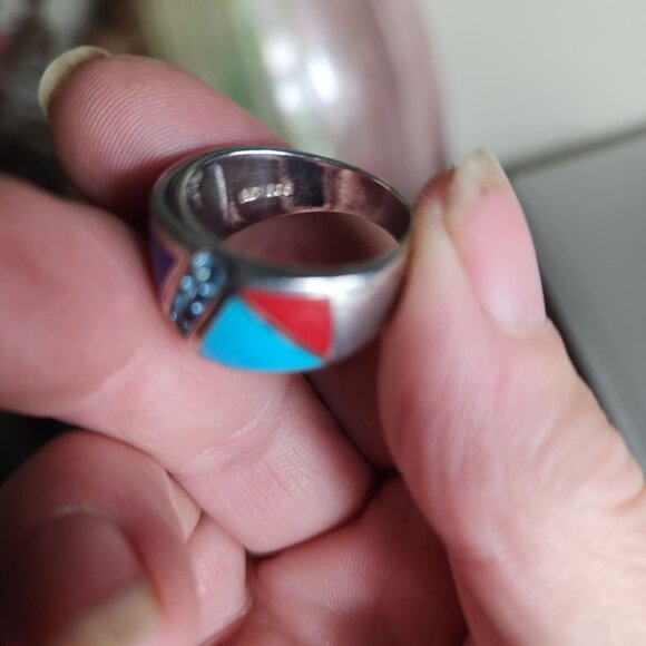 Thailand Multi-Stone Inlay Sterling Silver Ring With Geometric Design signed NF - Picture 2 of 4